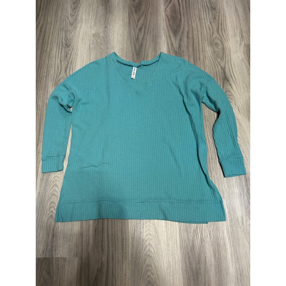 Zenana Outfitters Womens V Neck Waffle Knit Thermal Top Polyester Rayon M Teal